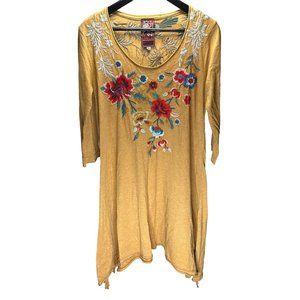 Johnny Was Sz Medium Yellow Mustard Multi Floral Embroidered Cotton Blend Dress